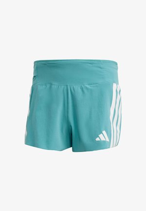 Turquoise athletic shorts with a textured finish, featuring white stripes along the sides and an Adidas logo on the lower right leg.
