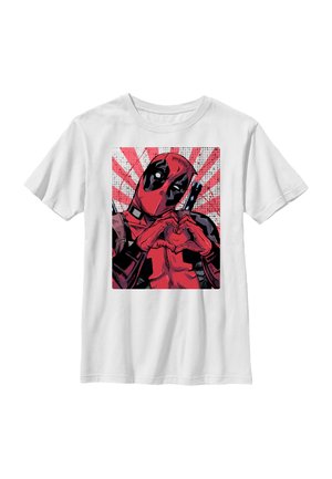 Maglietta bianca con un'immagine in stile fumetto di Deadpool che forma un cuore con le mani contro uno sfondo a esplosione rossa e bianca.