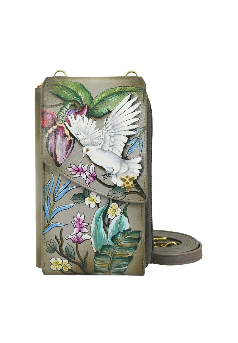 Kleine taupe schoudertas met geschilderde witte duif, groene bladeren en kleurrijke tropische bloemen, gouden bloemvormige sluiting en hengsel.