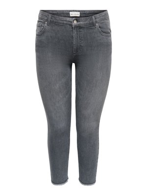 Šedé džíny se slim fit střihem, předními kapsami, zapínáním na knoflíky a třepenými lemy.