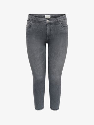 Šedé džíny se slim fit střihem, předními kapsami, zapínáním na knoflíky a třepenými lemy.