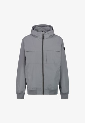 Giacca grigia con cappuccio in tessuto leggero, dotata di zip frontale, due grandi tasche sul petto e polsini elastici. Texture liscia.