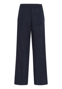 Pantaloni a gamba larga blu navy realizzati in tessuto morbido, con una vita elastica e due tasche posteriori. Design semplice e privo di decorazioni.