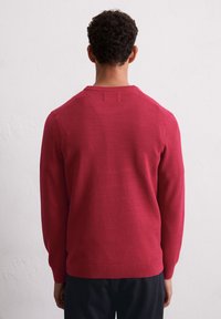 Roter, texturierter Pullover mit langen Ärmeln und Rundhalsausschnitt. Hat ein nahtloses Design und einen gerippten Saum. Von hinten gezeigt.