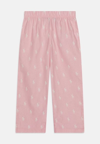 Pantalones de algodón rosa con un sutil patrón de figuras blancas. Presentan una cinturilla elástica y un diseño de pierna recta. Textura suave y estilo informal.