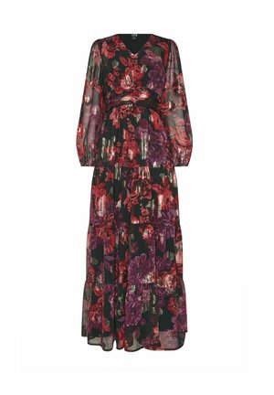 Zwarte bloemige maxi-jurk met lange sheer mouwen, voorzien van rode en paarse bloemen, een V-hals en een gelaagde rok.