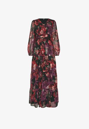 Schwarzes Maxikleid mit langen, durchsichtigen Ärmeln, das mit roten und lila Blumen verziert ist, einen V-Ausschnitt hat und ein gestuftes Design besitzt.