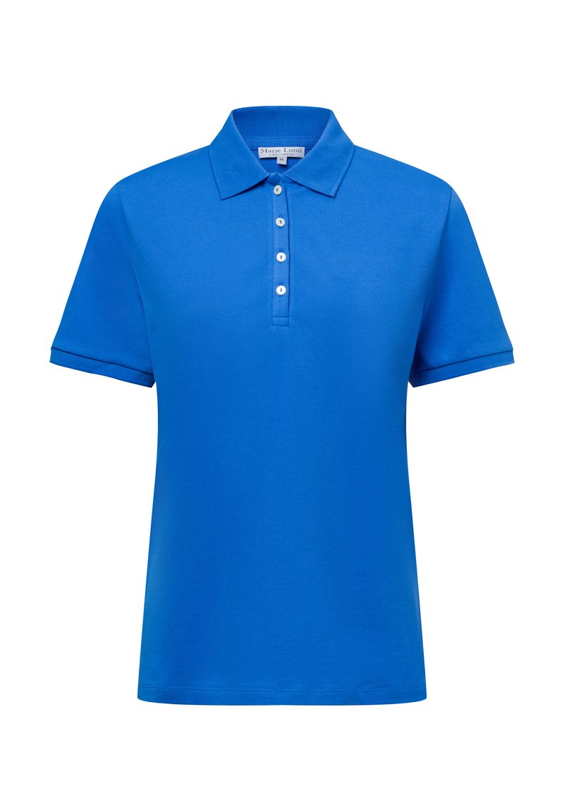 Blauwe polo met een kraag, korte mouwen en een knoopsluiting met vier witte knopen. Gemaakt van een gladde stof.