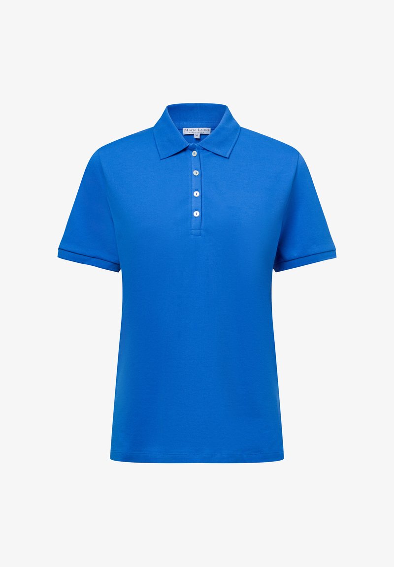 Blauwe polo met een kraag, korte mouwen en een knoopsluiting met vier witte knopen. Gemaakt van een gladde stof.