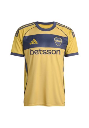 Gelbes Fußballtrikot mit blauen Akzenten, ausgestattet mit einem Rundhalsausschnitt, seitlichen Streifen, dem "betsson"-Logo und einem wappenförmigen Abzeichen. Leichtes Material.