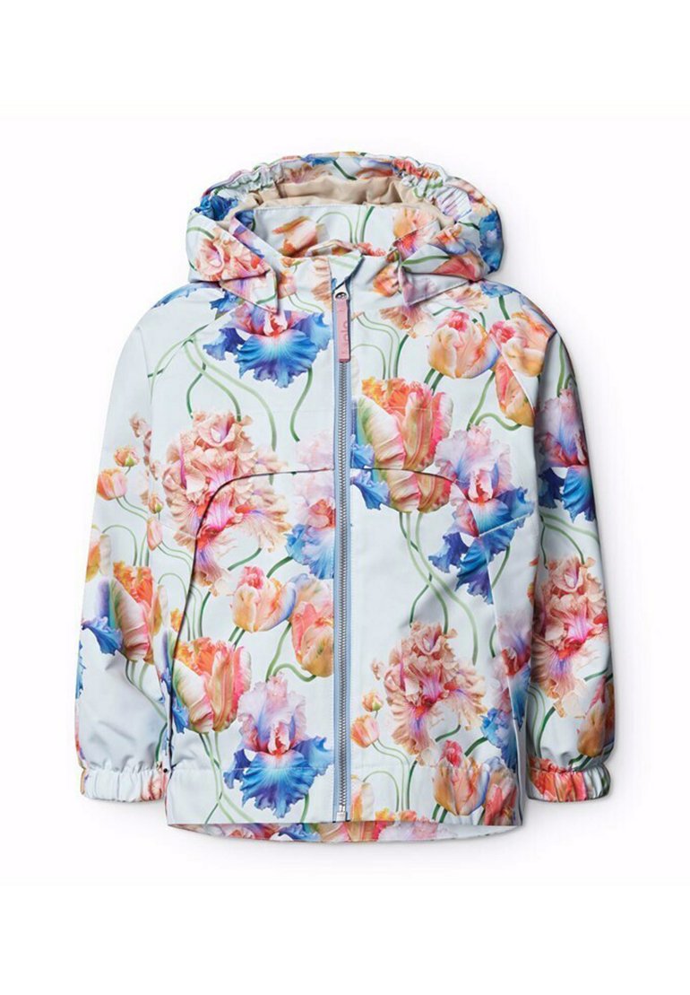 Blommig lättviktsjacka i pastellfärger, med hel dragkedja, huva, elastiska ärmslut och ett livfullt blommönster på en ljus bakgrund.