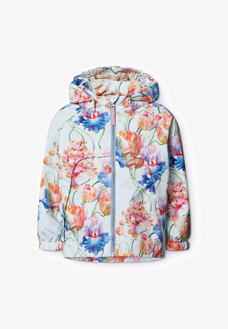 Blommig lättviktsjacka i pastellfärger, med hel dragkedja, huva, elastiska ärmslut och ett livfullt blommönster på en ljus bakgrund.