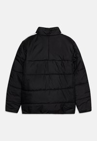 Black puffer jacket with a high collar, horizontal quilted sections, and a matte finish. Simple design with no visible hardware or accents.
