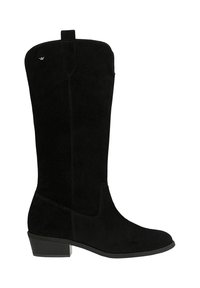 Stivale in suede nero alto fino al ginocchio con punta quadrata, tacco basso a blocco e cuciture laterali. Presenta un anello nella parte superiore per una facile calzata.