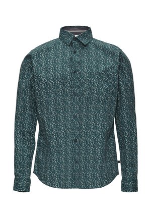Button-up shirt in donkere turquoise stof met een gestructureerd, abstract patroon. Heeft lange mouwen, een kraag en donkere knopen aan de voorkant.