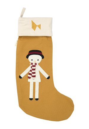 Weihnachtssocke in Senfgelb mit weißem Bündchen und einem Schneemann mit schwarzem Hut und rot gestreiftem Schal als Motiv.