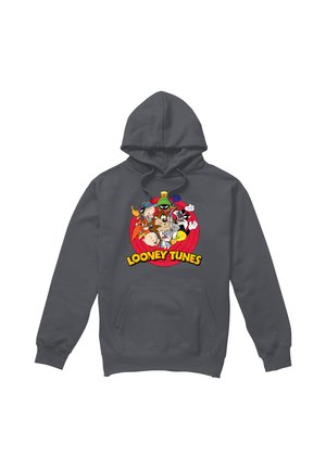 Dark gray hoodie featuring colorful Looney Tunes characters grouped inside a red circle with "LOONEY TUNES" text below.