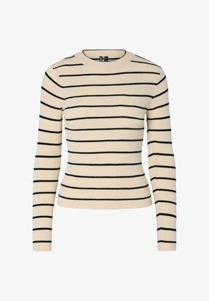 Krémový svetřík s ribovanou strukturou a černými vodorovnými pruhy, kulatým výstřihem a dlouhými rukávy. Disponuje přiléhavým střihem a bezšvovou texturou.