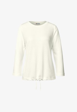 Hvid, langærmet pullover lavet af struktureret stof, med rund halsudskæring og justerbar snøre i nederste kant. Blød og afslappet design.