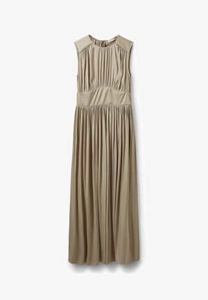 Varrukateta beež maxi-kleit, millel on kogutud kangaste detailid kaelusel, vööl ja voolaval täispikkuses seelikul.