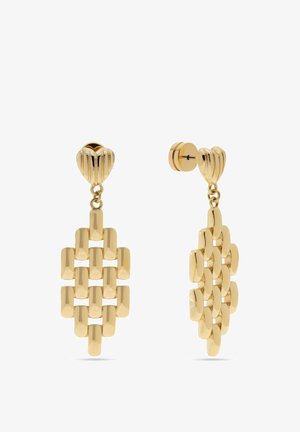 Gold-tone drop earrings with heart-shaped studs and interlocking rectangular links forming a lattice pattern.
