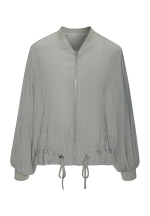 Bomber grigio chiaro con zip frontale, polsini elastici, due tasche laterali e orlo regolabile con coulisse. Finitura morbida e strutturata.