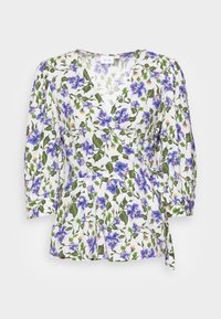 Blusa envolvente floral com flores roxas e folhas verdes sobre um fundo branco. Mangas longas e franzidas com um detalhe de laço na cintura.