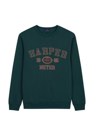 Sweatshirt verde con mangas largas, cuello redondo, que presenta el texto "HARPER 1985 RUGBY TEAM" en colores contrastantes y un gráfico de un balón de rugby.