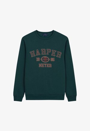 Sweat à capuche vert avec des manches longues, col rond, comportant le texte "ÉQUIPE DE RUGBY HARPER 1985" en couleurs contrastées et un graphique de ballon de rugby.