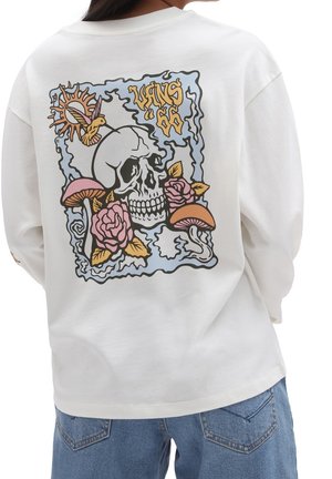 Wit shirt met lange mouwen met een kleurrijk grafisch ontwerp van een schedel, rozen, paddenstoelen en een zon op de achterkant.