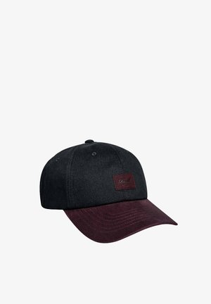 Black fabric cap with a maroon visor, featuring a textured patch on the front. The design includes six-panel construction and eyelets.