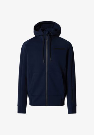 Felpa con cappuccio blu navy con zip, tasche frontali, cappuccio con coulisse e una piccola tasca con zip sulla manica sinistra.