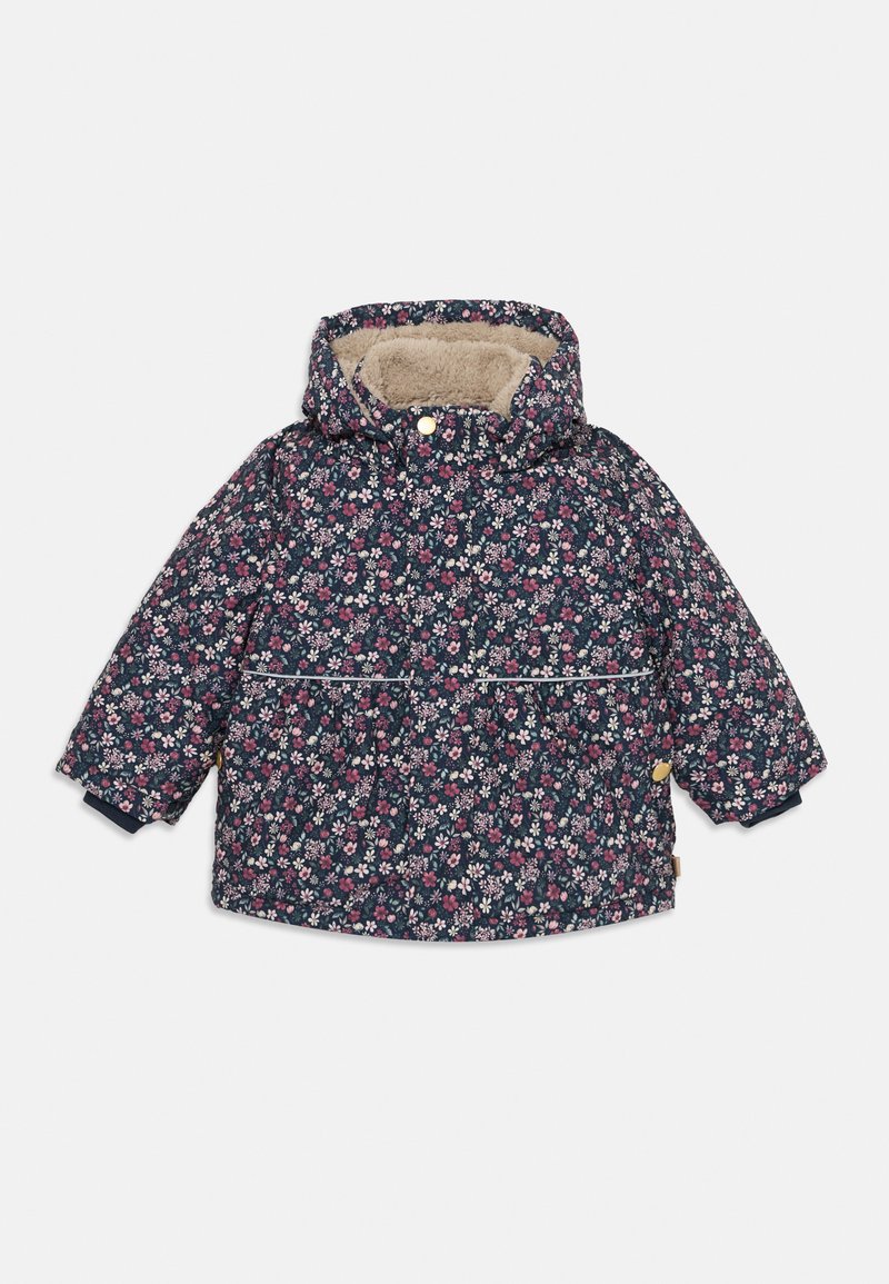Vaikų tamsiai mėlynas žiemos švarkas su rožinėmis, baltomis gėlių raštais, su kapišonu ir smėlio spalvos flisiniais pamušalu, pateiktas baltame fone.