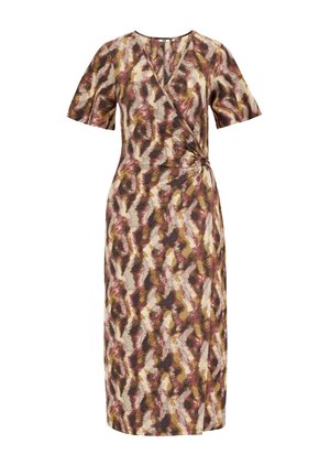 Robe portefeuille à motif abstrait multicolore avec un décolleté en V profond, des manches courtes, un détail de nœud sur le côté et une longueur mi-mollet. Tissu doux et texturé.