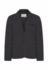 Black blazer made of structured fabric, featuring a notch lapel, two front pockets, and a single button closure. Minimal detailing.