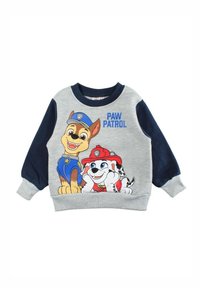 Sweat-shirt gris avec un motif Paw Patrol. Manches bleu marine, encolure ronde, poignets côtelés et dessins joyeux de chiens de dessin animé.