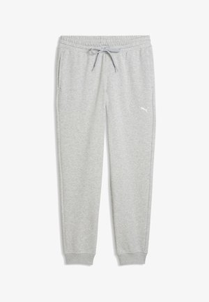 Grijze joggingbroek van zachte stof, met een elastische tailleband met trekkoord, zijzakken en een wit logodetail op de linker dij.