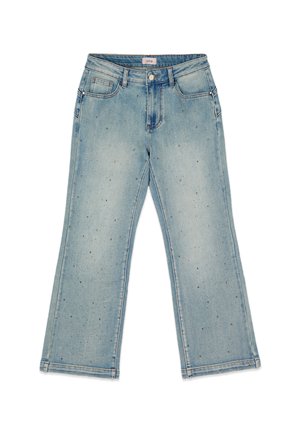 Jeans di denim azzurro chiaro con taglio a gamba dritta, stile a cinque tasche, chiusura con bottone e cerniera, e sottili piccoli dettagli decorativi sparsi.