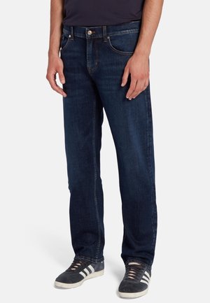 Donkerblauwe denim jeans met een straight-leg ontwerp, voorzien van vijf zakken, een knoopsluiting en subtiele stikaccenten.