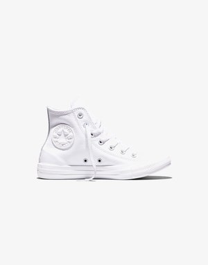High-top white Converse All Star sneaker with laces, rubber sole, and embossed logo on the ankle side.