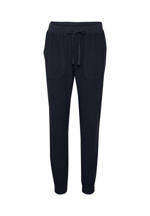 Crne trenirka hlače s elastičnim strukom, vezicama sprijeda, velikim prednjim džepovima i elastikom na manžetama oko gležnjeva.