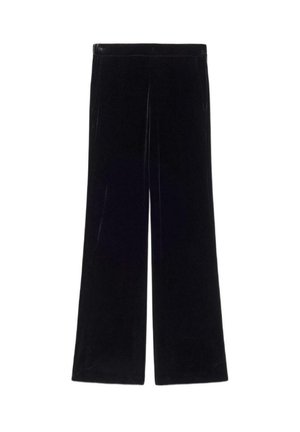 Schwarze Samtweite-Hose mit glatter Textur, ausgestattet mit einem taillenhohen Bund und vorderen Taschen. Einfaches und elegantes Design.