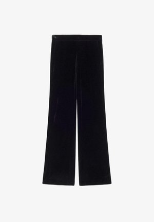 Pantalon large en velours noir à la texture lisse, avec une taille mi-haute et des poches avant. Design simple et élégant.