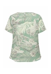 Lühikeste varrukatega särk rohelise taustaga, millel on valgete ja beežide troopiliste lehtede ja lillemustrid, tagaküljel võtmega ava ja nupu kinnitusega.