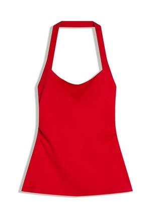 Rotes Neckholder-Oberteil ohne Ärmel mit tailliertem Schnitt und leicht ausgestellt am Saum.