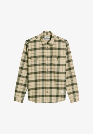 Koszula flanelowa w beżowo-zieloną kratę. Posiada kołnierzyk w szpic, dwie kieszenie na piersi oraz zapięcie na guziki z przodu. Miękka w dotyku, z długimi rękawami.