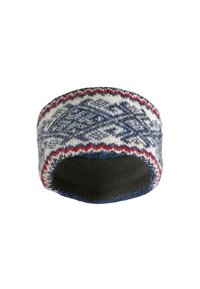 Neulottu päähine valkoisena, laivastonsinisenä ja punaisena geometrisella kuviolla; varustettu mustalla fleecvuorella lämmön takaamiseksi; pyöreä muoto.