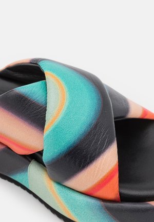 Colorful slide sandals with a black base, featuring a cross-strap design in vibrant gradients of orange, teal, and black. Textured sole.
