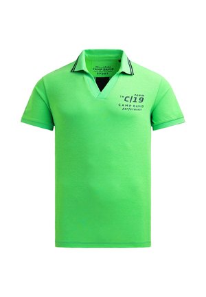 Green short-sleeve polo shirt with black-trimmed collar and "Camp David" and "team C|19" text on the chest.