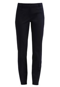 Pantaloni navy su misura realizzati in tessuto liscio, con gamba dritta, due tasche laterali e chiusura frontale con un solo bottone.